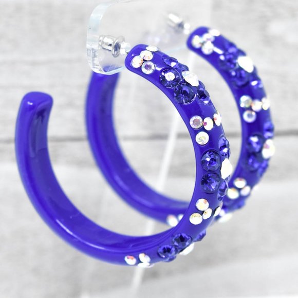 2" Flower Pattern Royal Lucite Rhinestone Earrings - Picture 10 of 12